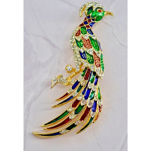 Peacock Bird Of Paradise Brooch Pin Colorful Enamel & Crystals Gold Tone LG 3" - Picture 2 of 10